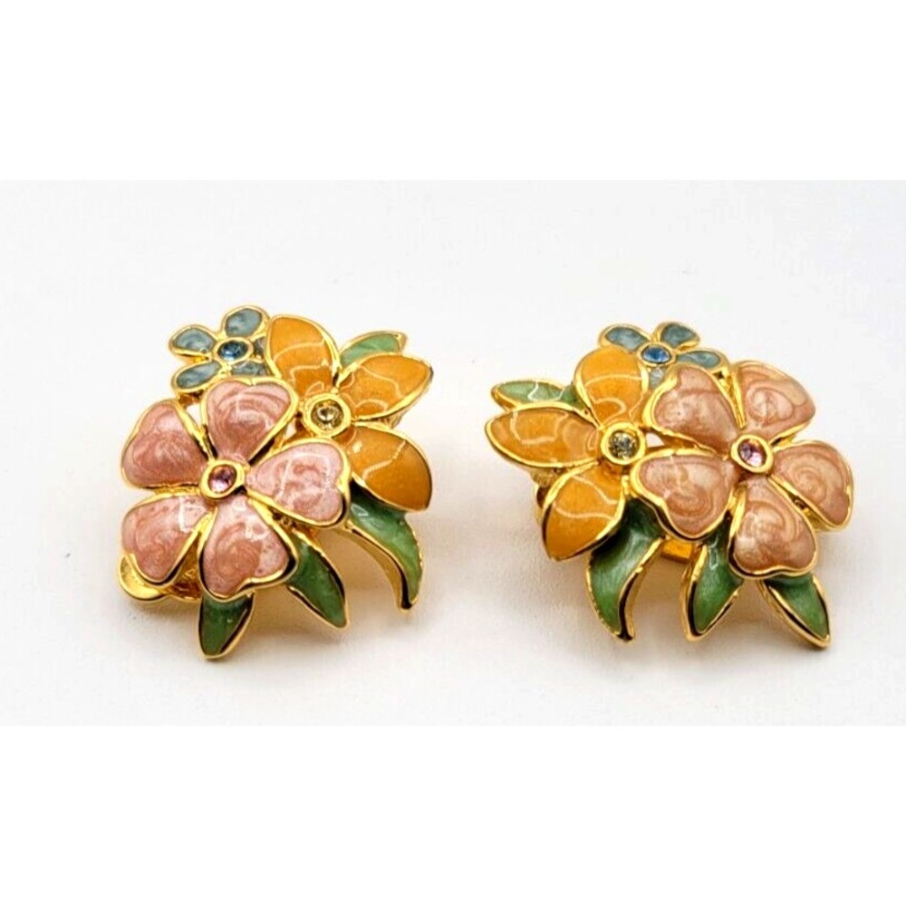 JOAN RIVERS‎ VINTAGE ENAMEL FLOWERS RHINESTONE GOLD TONE CLIP ON EARRINGS